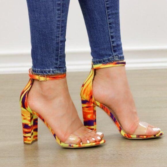 Ankle Strap Chunky Heeled Sandals, Clear Toe Band - Picture 4 of 9